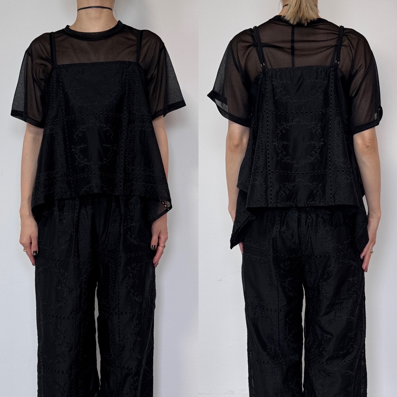 リーフ柄刺繍ランダムcamisole/ブラック