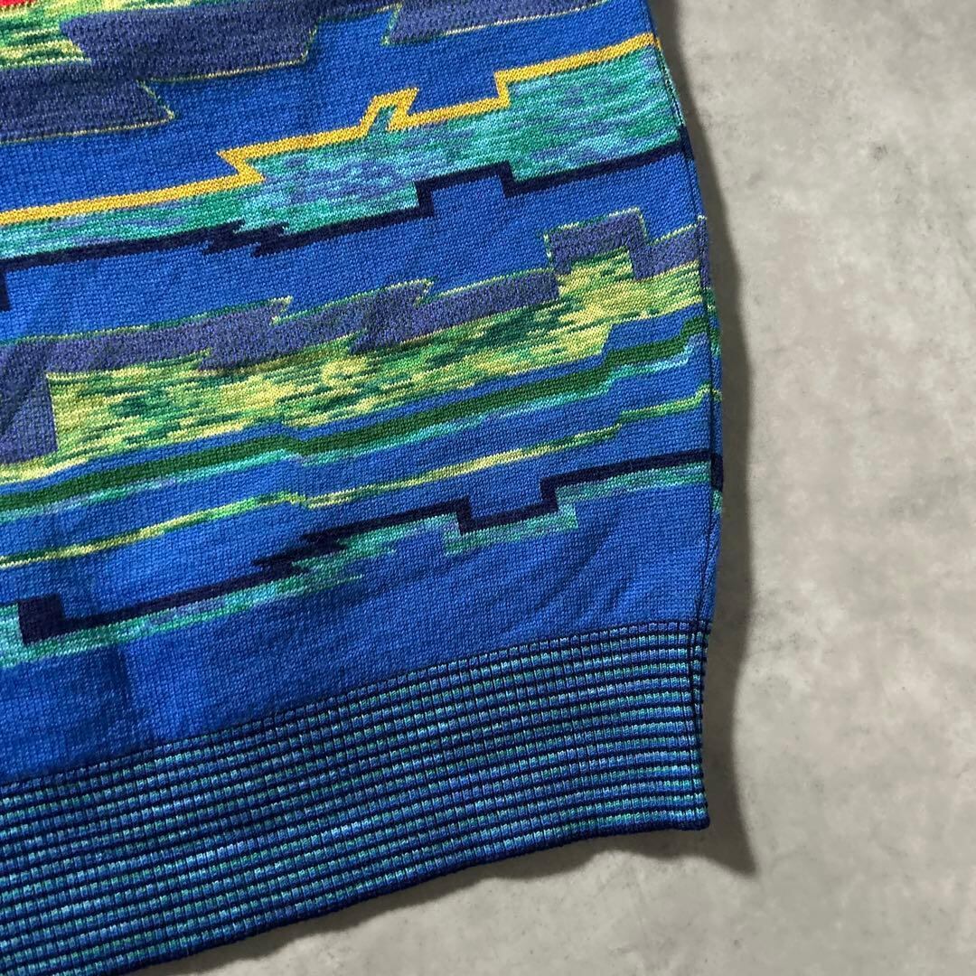 KENZO ワンポイントロゴ 幾何学 ブルー レトロ Vネック ニット ベスト