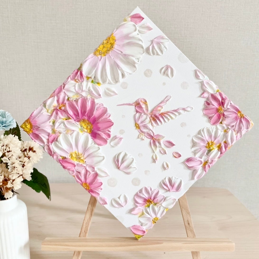 花唄の翼〈秋桜〉」20㎝ ハチドリのテクスチャーアート コスモス 秋