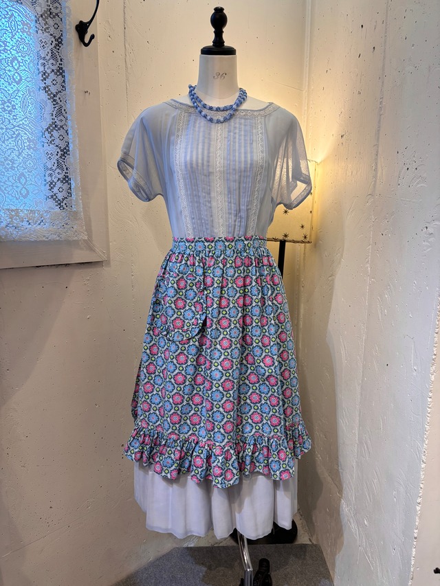 vintage pink×blue  flower frills apron