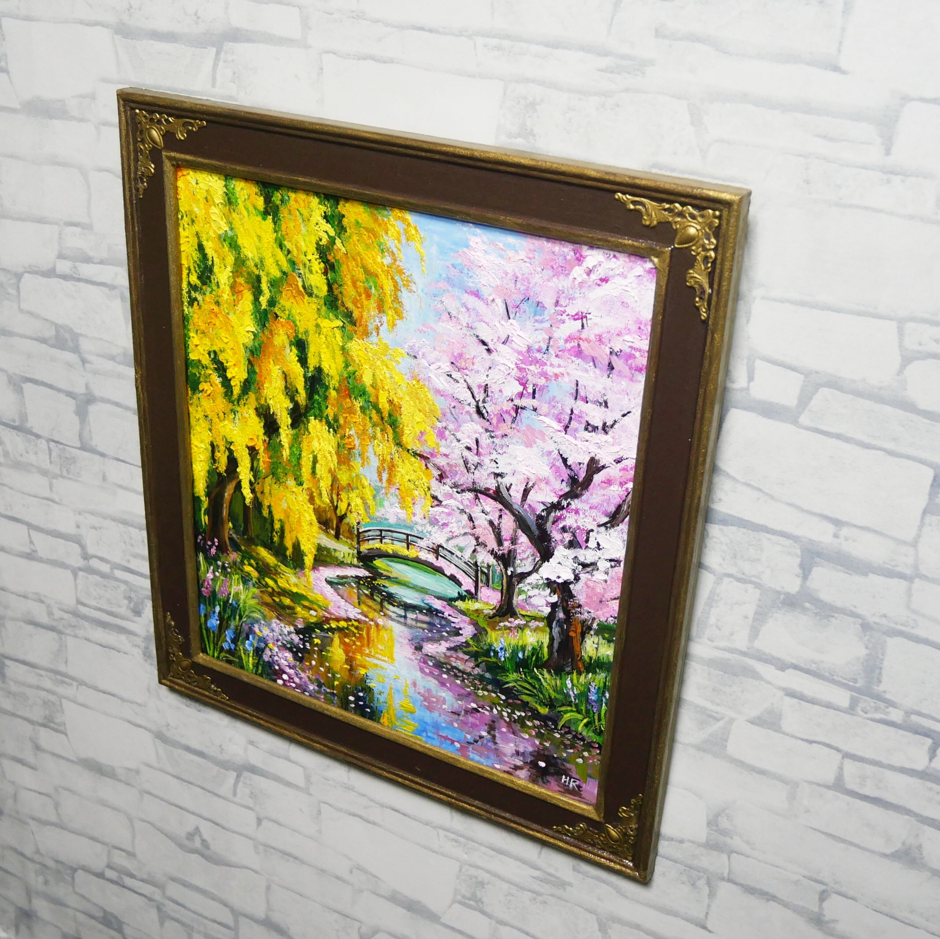 油絵 原画「陽だまりの庭園 〜桜とミモザの咲く日〜」 手描き 一点物