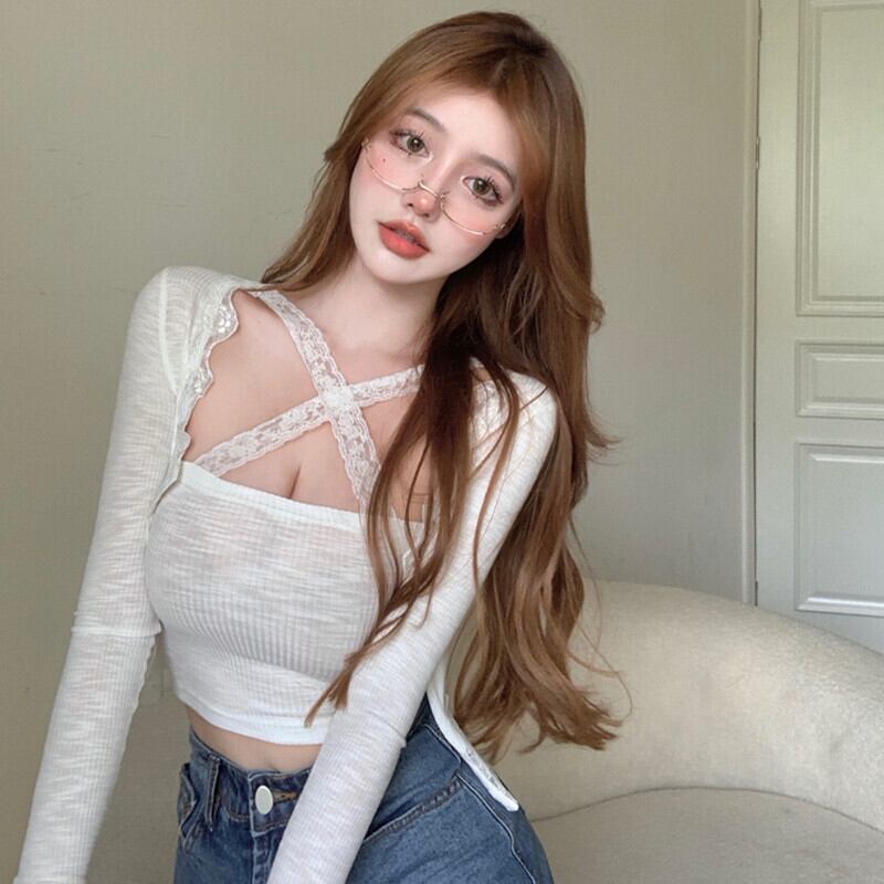 オータムウィンターショートクロップドソリッド カラー レース 秋物 冬物 ピュア ソリッドカラー ガールズファッション36574940093