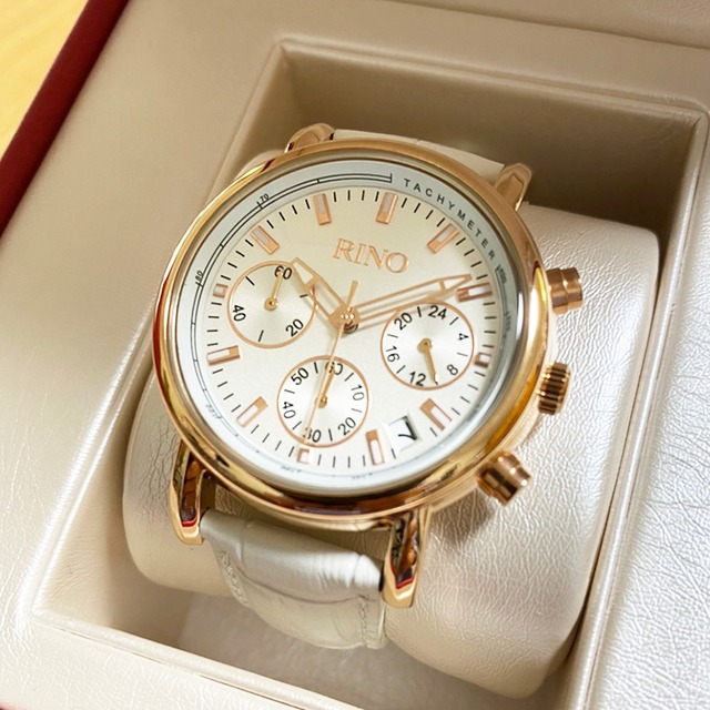 RINOクォンタイム・クロノグラフ腕時計・男女兼用（ピュアホワイト・マロンブラウン・フォーマルブラックの3色）（新型機による量子加工済み）