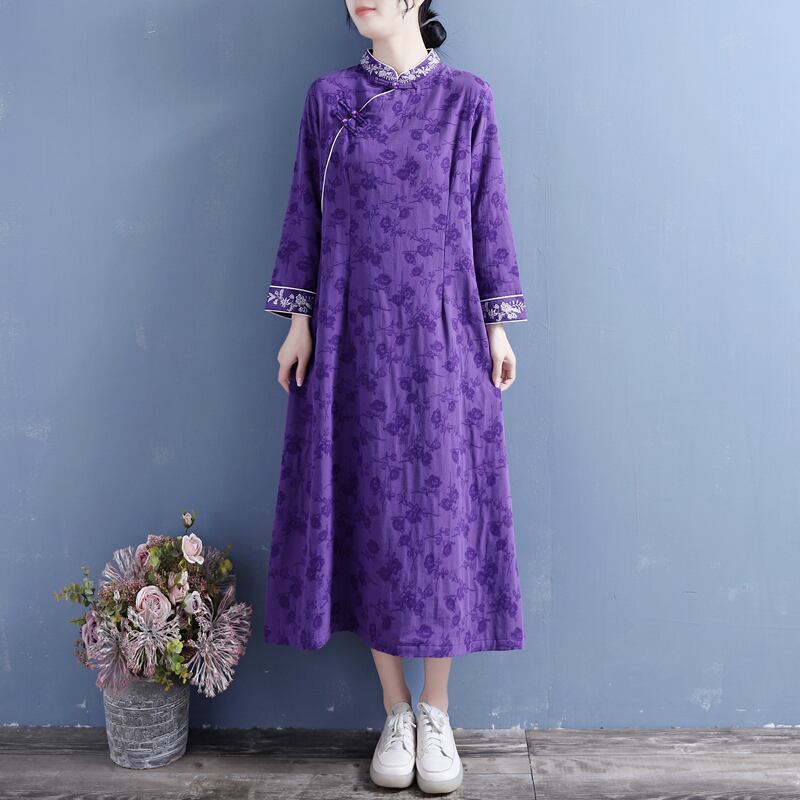 清裊シリーズ チャイナ風ワンピース 4カラー 花柄 棉麻 ブルー ピンク イエロー パープル 春 秋 レトロ Elegant