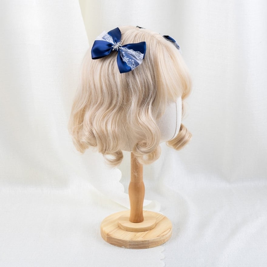 雪結晶チャームの深海ブルーリボンヘアクリップ2個セット|量産型・地雷系・ロリィタ