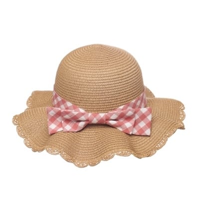T2576N-2:Gingham Bow Scalloped Straw Sun Hat 7-10 Years-NEUTRAL