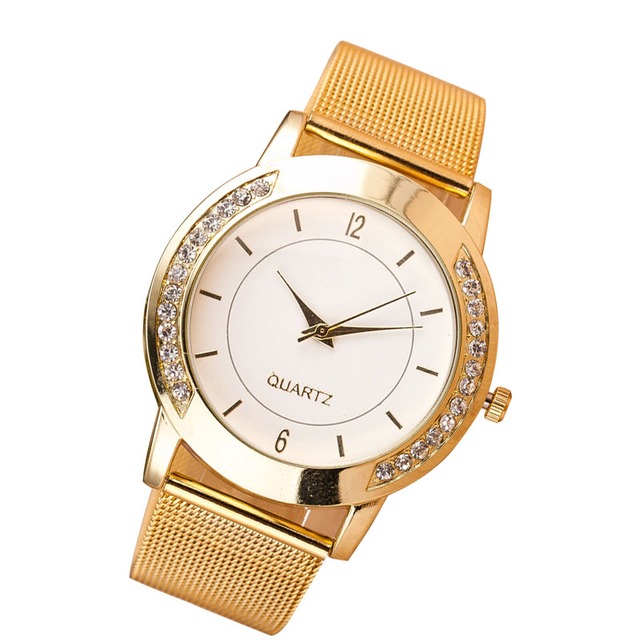 ファッション watchs レディース人気のクリスタルゴールデンステンレス鋼アナログクォーツ腕時計