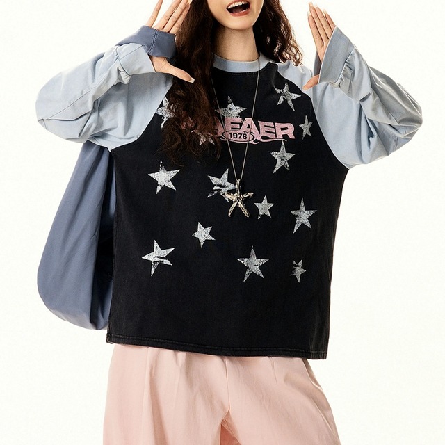 ユーズドライクレトロポップスターパターンラグランTシャツ 1col R02576