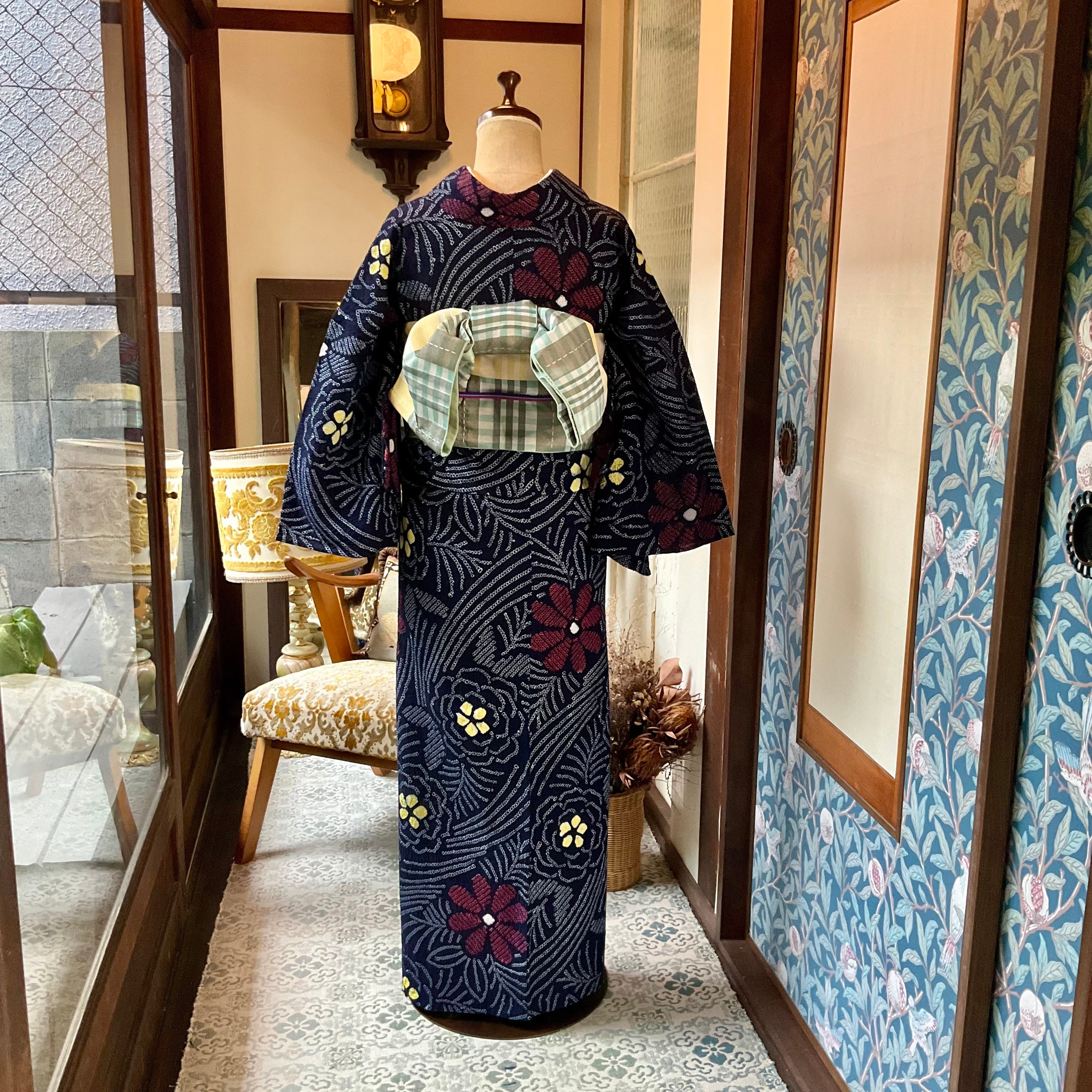 赤 紺色 の 浴衣 long 夜風の花 総絞り レトロ 花 フラワー 濃紺 紺