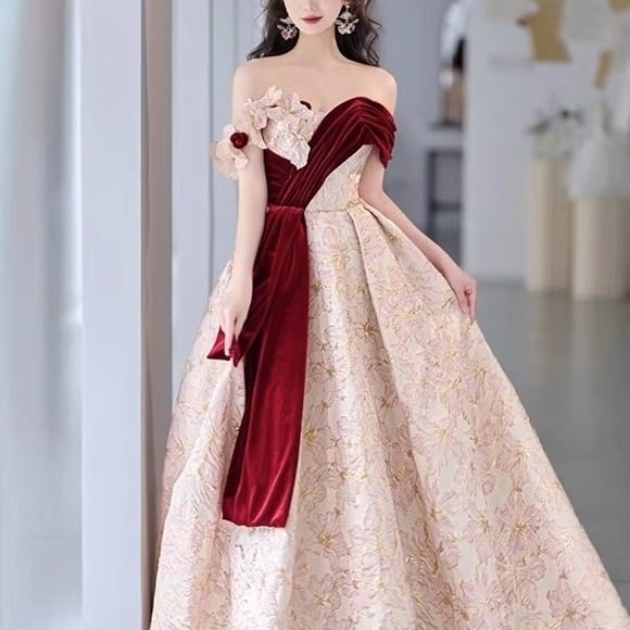 パーティ イブニングドレス 異素材 オフショル 立体フラワー 編み上げ(M9475)ζ