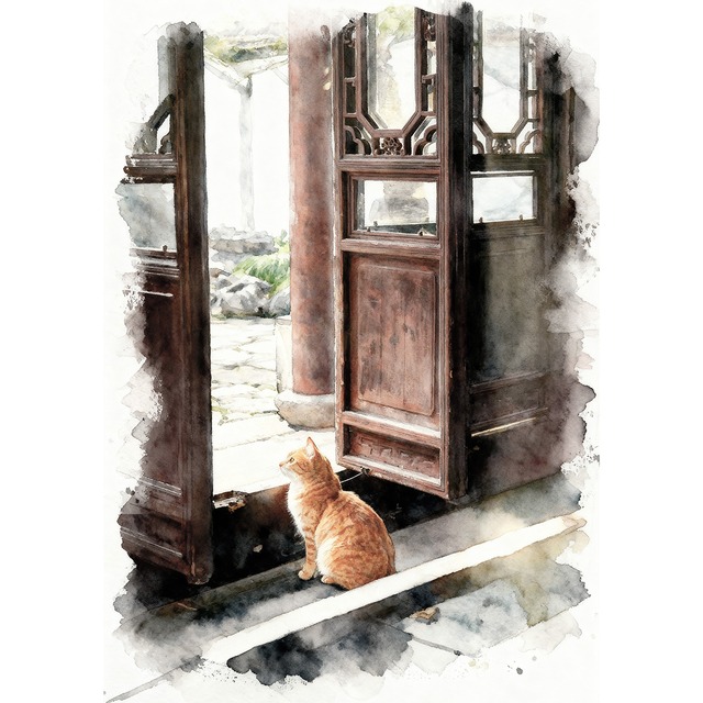 絵画 動物 家の中から外を見る猫 インテリアアート額付き 水彩画風 WAT1787