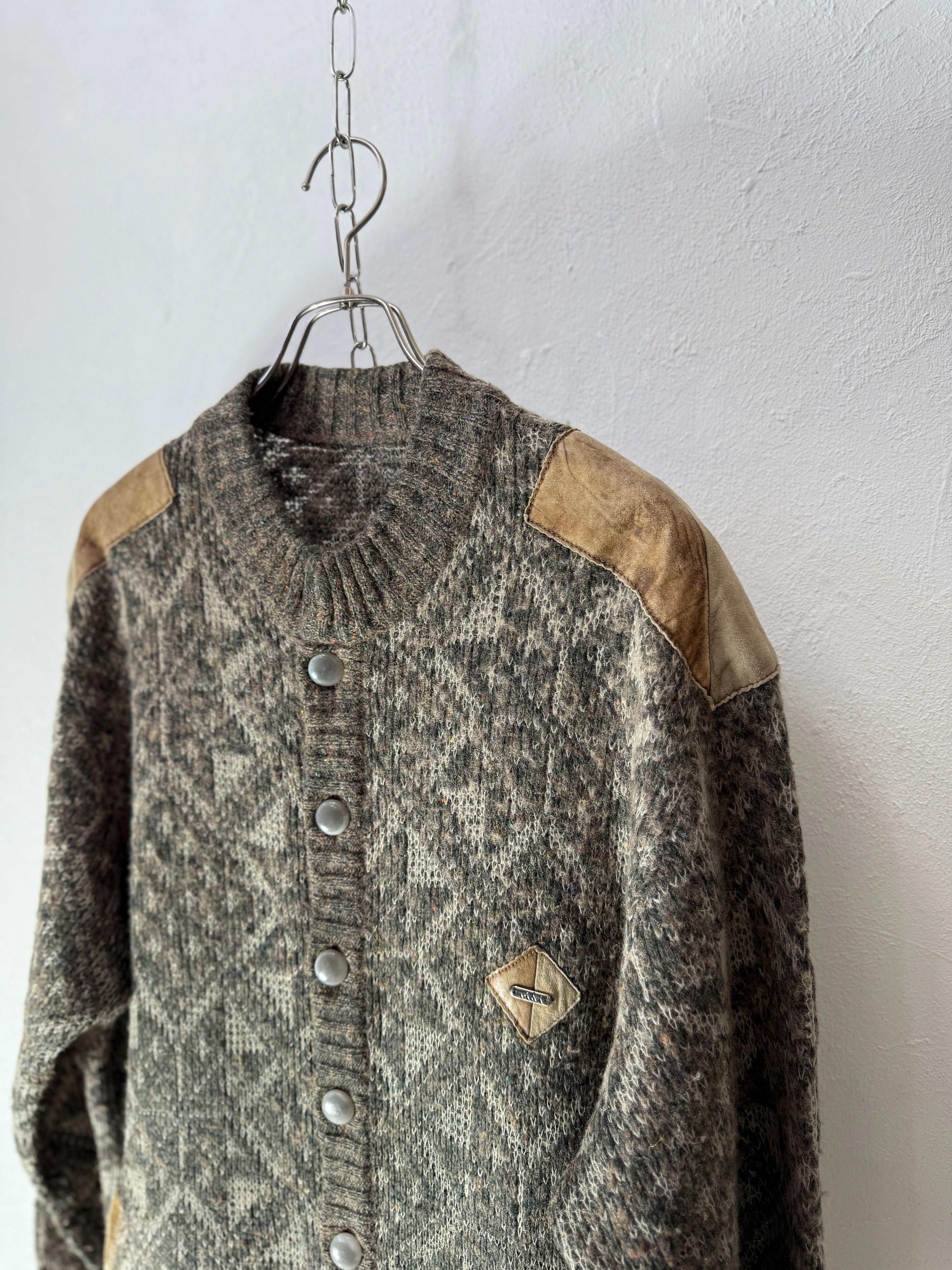 90s EUR Nordic Pattern Knit Cardigan with Leather Patches