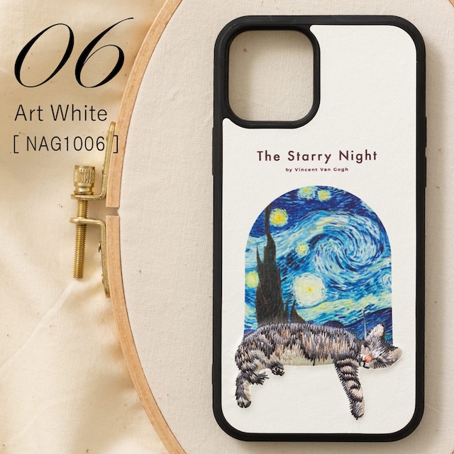 立体刺繍スマホケース iPhone PUレザー 06.Art White