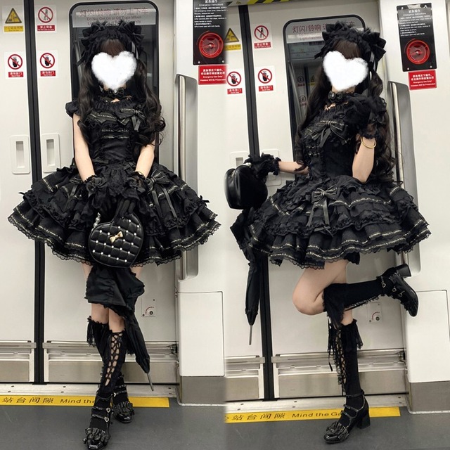 ゴスロリ ジャンパースカート レース ふんわり レイヤードスカート リボン