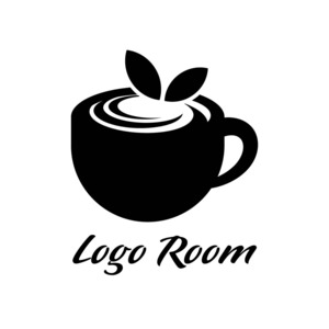 No732 コーヒーカップと葉っぱのロゴ【黒、単色、葉っぱ、コーヒー、シンプル、オシャレ、落ち着き、カフェ、喫茶、飲食、ショップ、販売、商品】