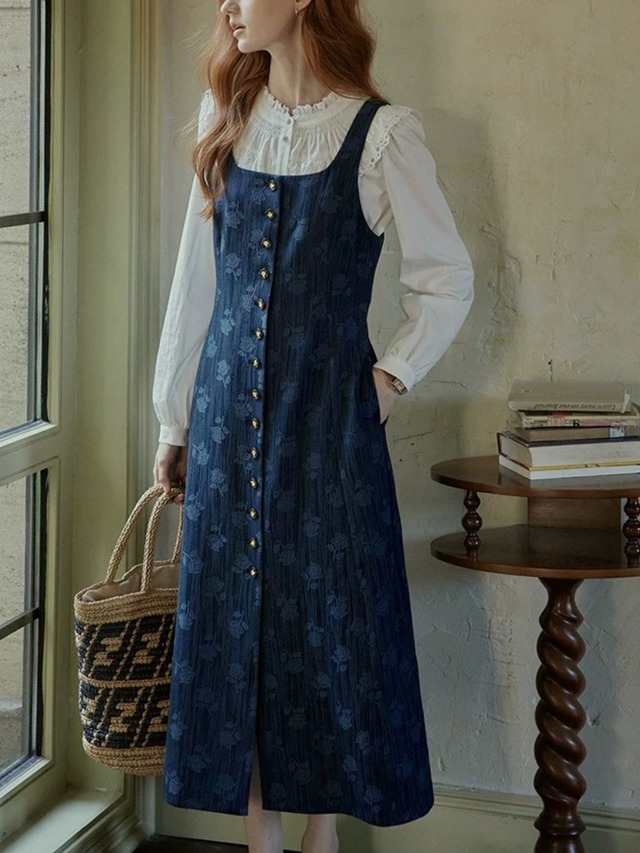 Rose Front Button Jacquard Dress F0809