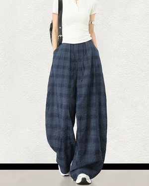 チェック柄ギャザーワイドパンツ A1052