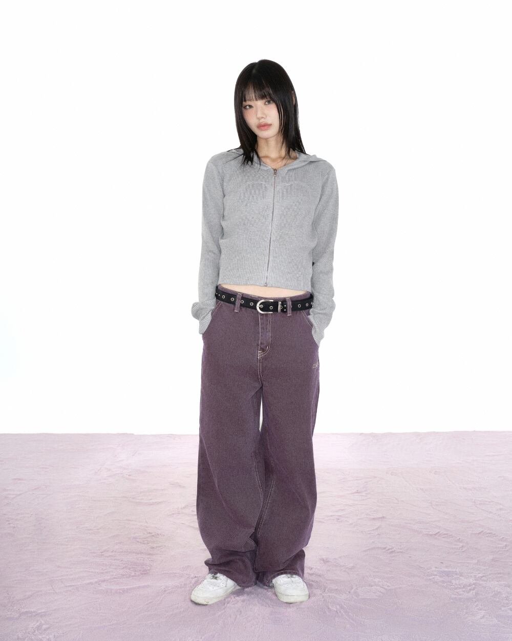 as”on] PUNCHED KNIT HOOD ZIP-UP / GRAY 正規品 韓国ブランド 韓国