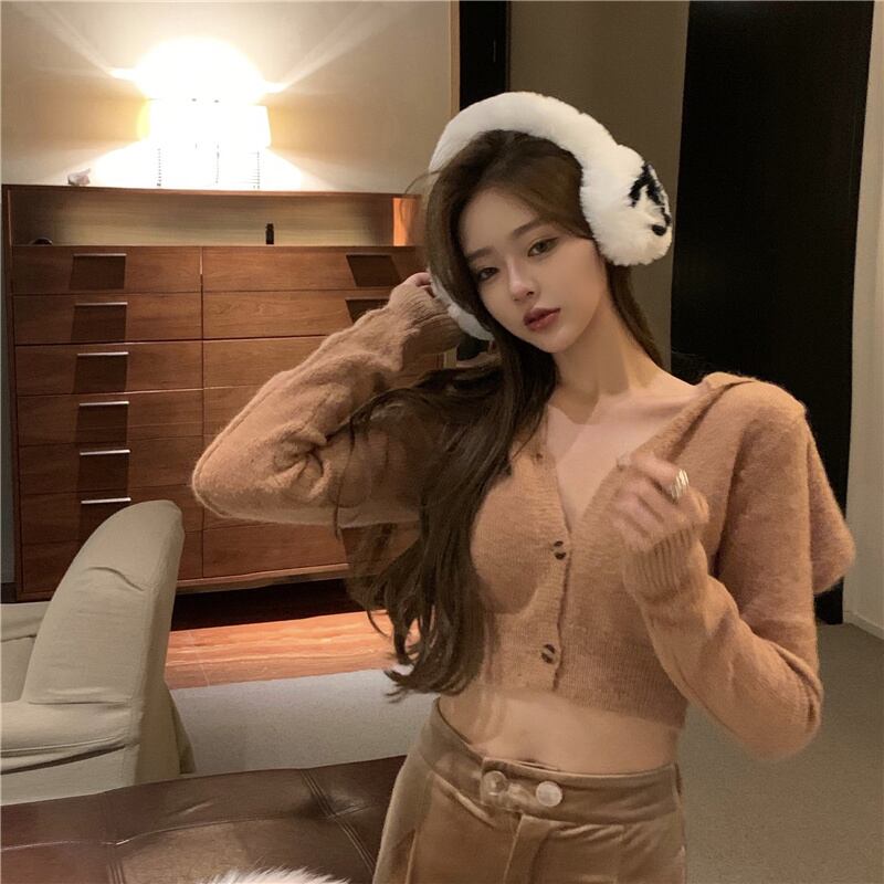 ニットセーター レディースショートハイウェストウェストスリムVネックトップス スプリングスタイルカーディガンジャケット 春物 ブラックストロベリース85733177510