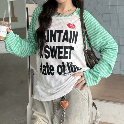 ボーダーラグランリッププリントロングスリーブTシャツ 2col   R02471