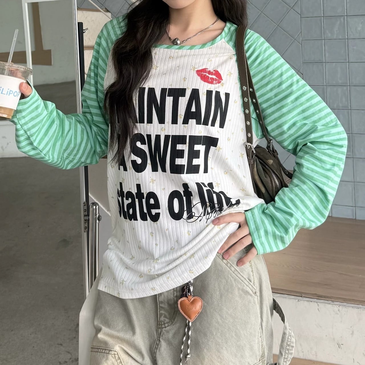 ボーダーラグランリッププリントロングスリーブTシャツ 2col R02471
