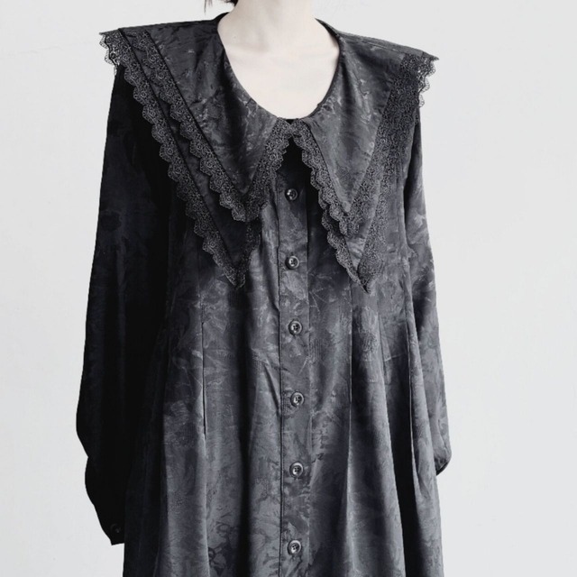Black lace collar long shirt dress C0879