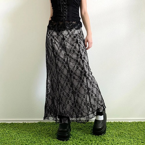 ロックモアレース二重層ロングスカート黒だぶだぶ y2k 美的ストレートミディスカートファム 2000 年代グランジフェアリーコア ブラック フェミニン rg0805c75555687251