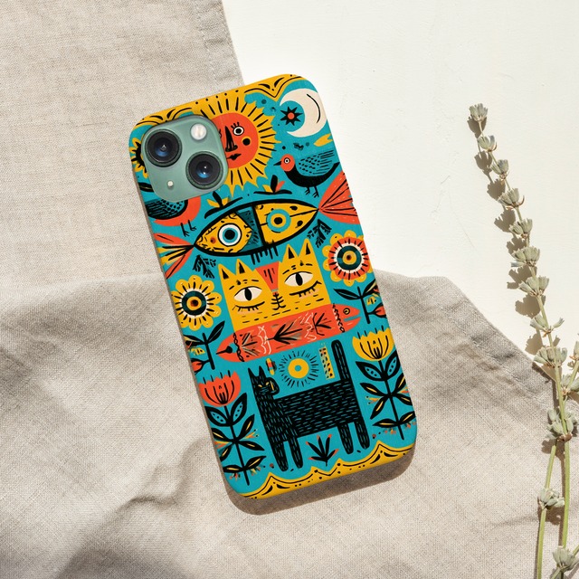 受注生産 iPhoneケース 猫と太陽の民芸タイル｜フォークアート PSYF011A