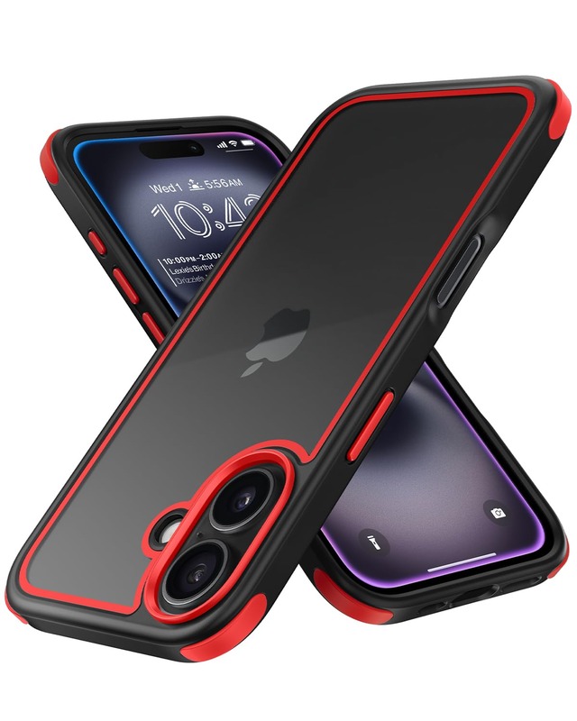 MobNano iPhone 16 ケース クリア 【米軍MIL規格・撞色デザイン】 耐衝撃 透明 カバー 黄変防止 TPUバンパー + PC背面 衝撃吸収 ワイヤレス充電対応 ストラップホール付き アイフォン 16 用 スマホケース(6.1インチ,ブラック/レッド)