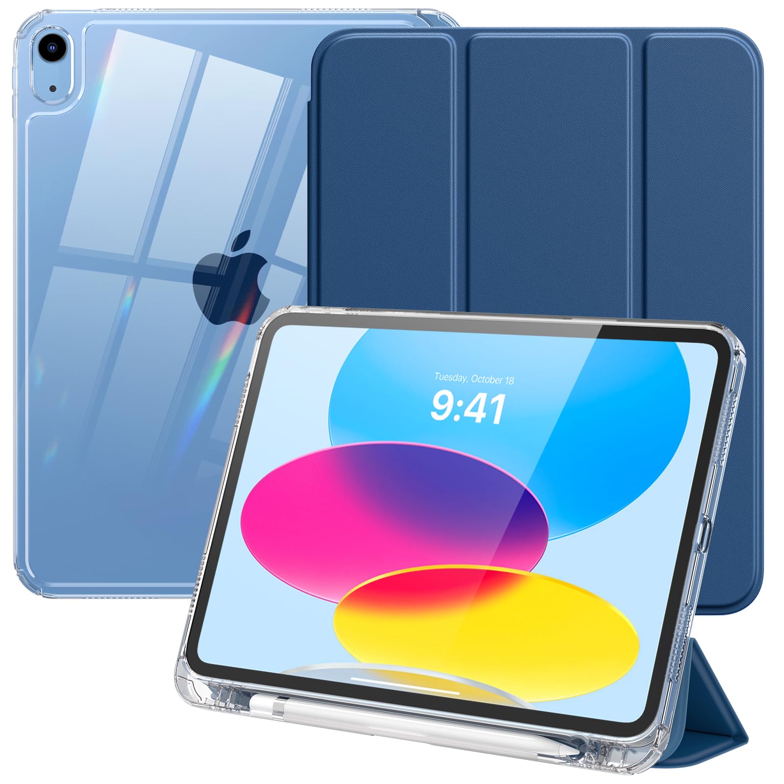 TiMOVO iPad (A16)第11世代/第10世代 ケース 11インチ/10.9インチ (2025/2022モデル) iPad 11世代/10世代 カバー ApplePencilホルダー付 ペン収納 TPUバック クリアバック PUレーザー 開閉式 三つ折り スタンド マグネット オートスリープ機能 耐衝撃 軽量 落下防止 精密設計 着脱簡単 Navy