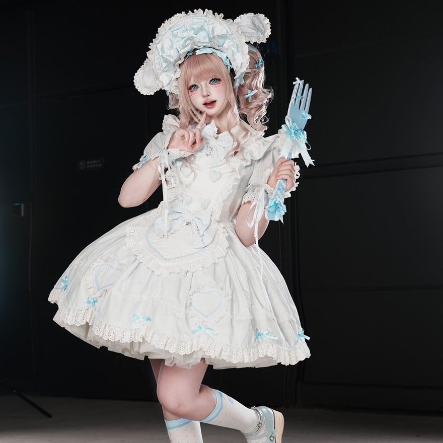 メイドロリータ ワンピース ハートエプロン付き レースフリル 撮影会 メイドロリータ ワンピース ハートエプロン付き レースフリル 撮影会