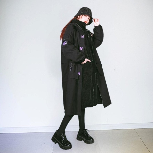 ゴスロリ通販 With U チャイナ風 ゴシック 古怪舎 闇かわいいコート 2スタイル ツーピース butterfly ロング丈 ふかふわボア バックロゴ 刺繍 病み深い 原宿系
