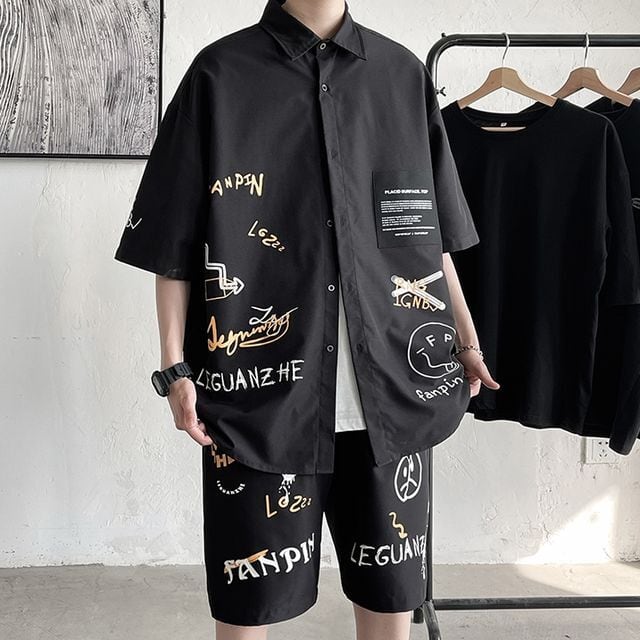 予約販売】メンズ セットアップ 上下 半袖 ハーフパンツ 落書き セット