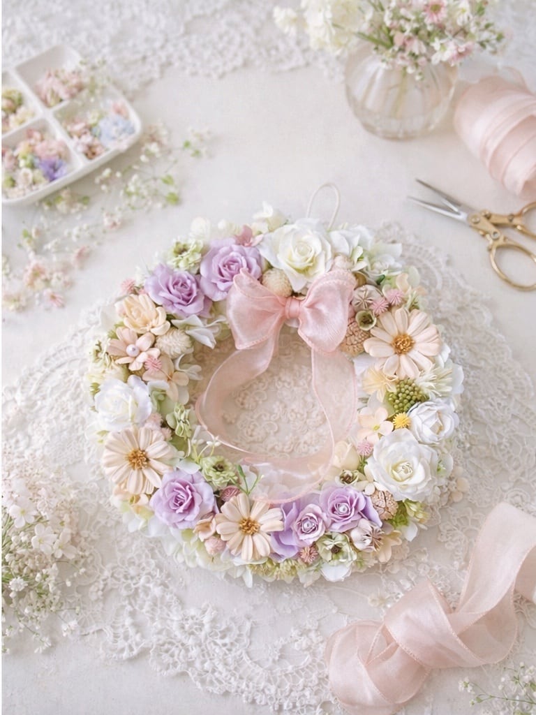 紫陽花とバラの花リース【WR-009】径23㎝│やさしい春色｜インテリア｜ギフトフラワー｜母の日のギフト