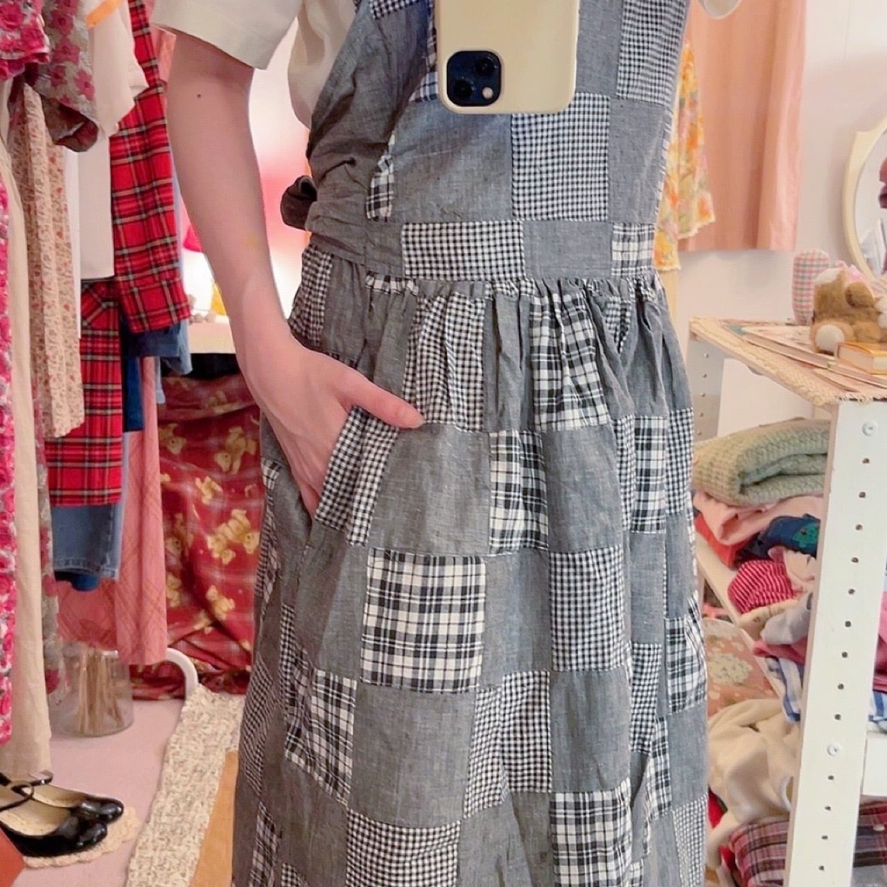 patchwork check apron one-piece