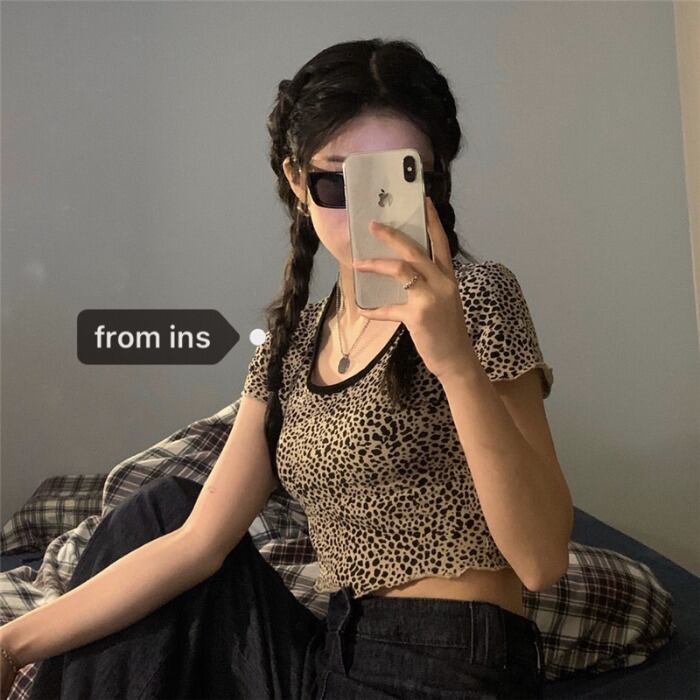 レオパードプリント柄ショートTシャツ シャツ スリムサマーハイウェストウェストクロップドトップス 夏物 モンロー73933617402