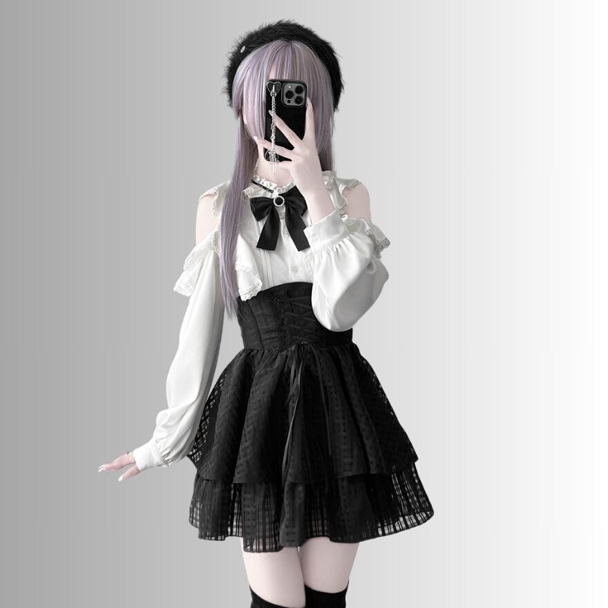 SEASONZ 地雷系 セミロリ 甘辛MIX ブラウス オープンショルダー かわいい