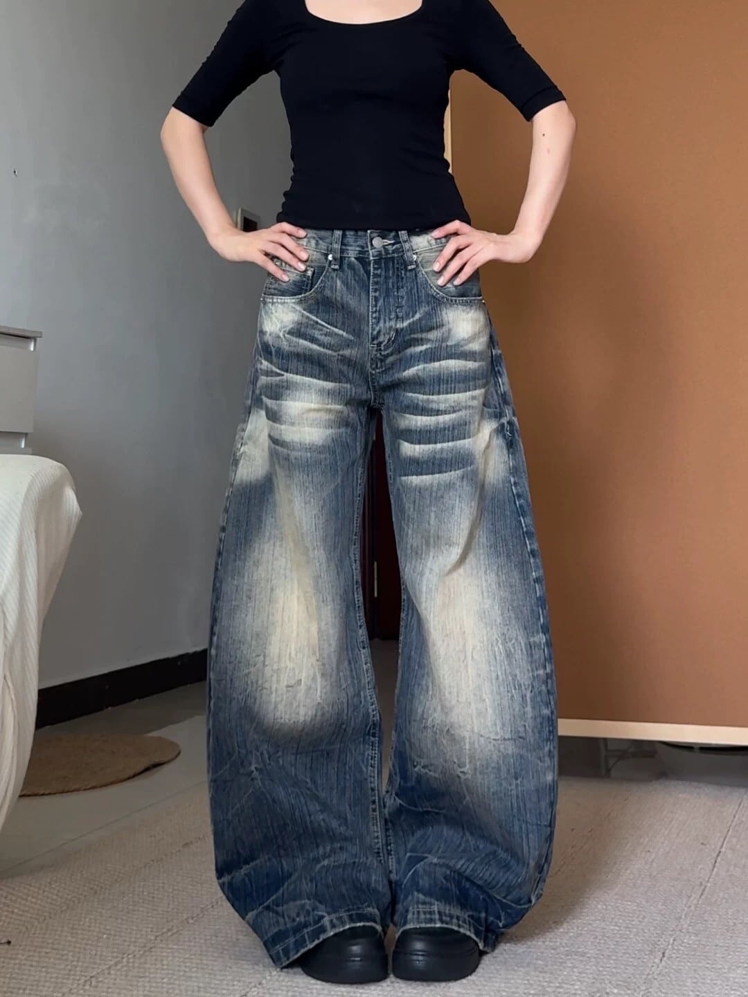152cm〜 ヴィンテージウォッシュのカーブワイドデニム