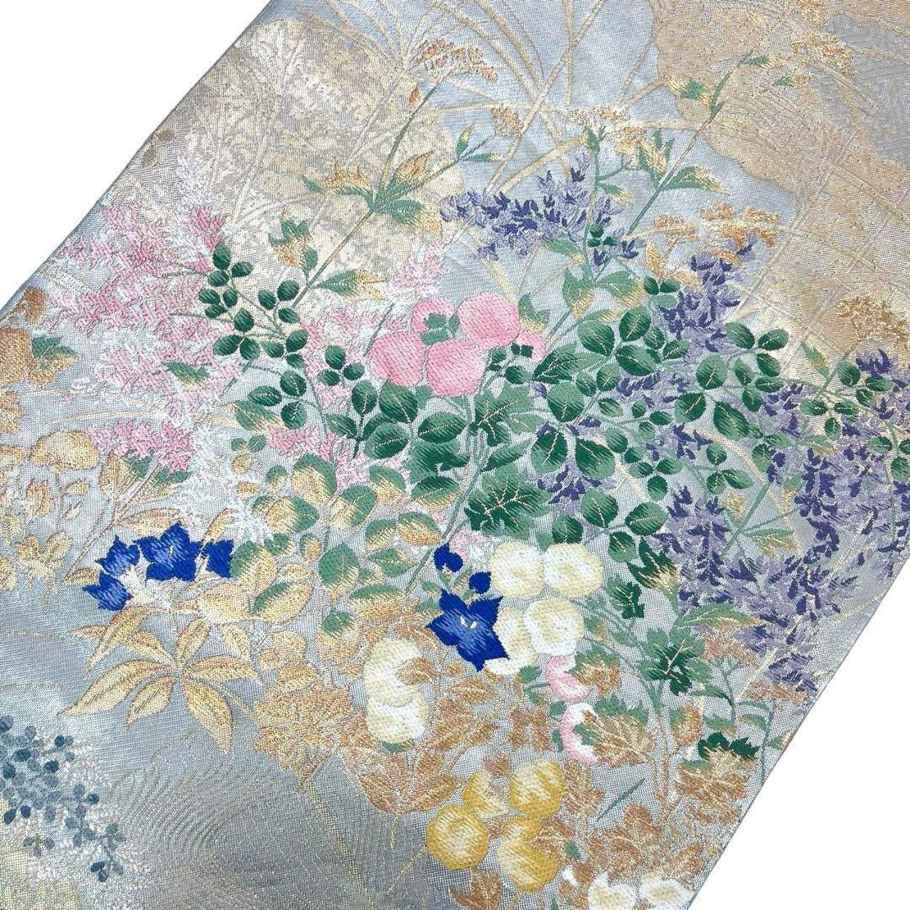 袋帯 琳派秋草図の世界 秋の花草模様 亀甲 七宝 芒 金銀糸 O-4020  