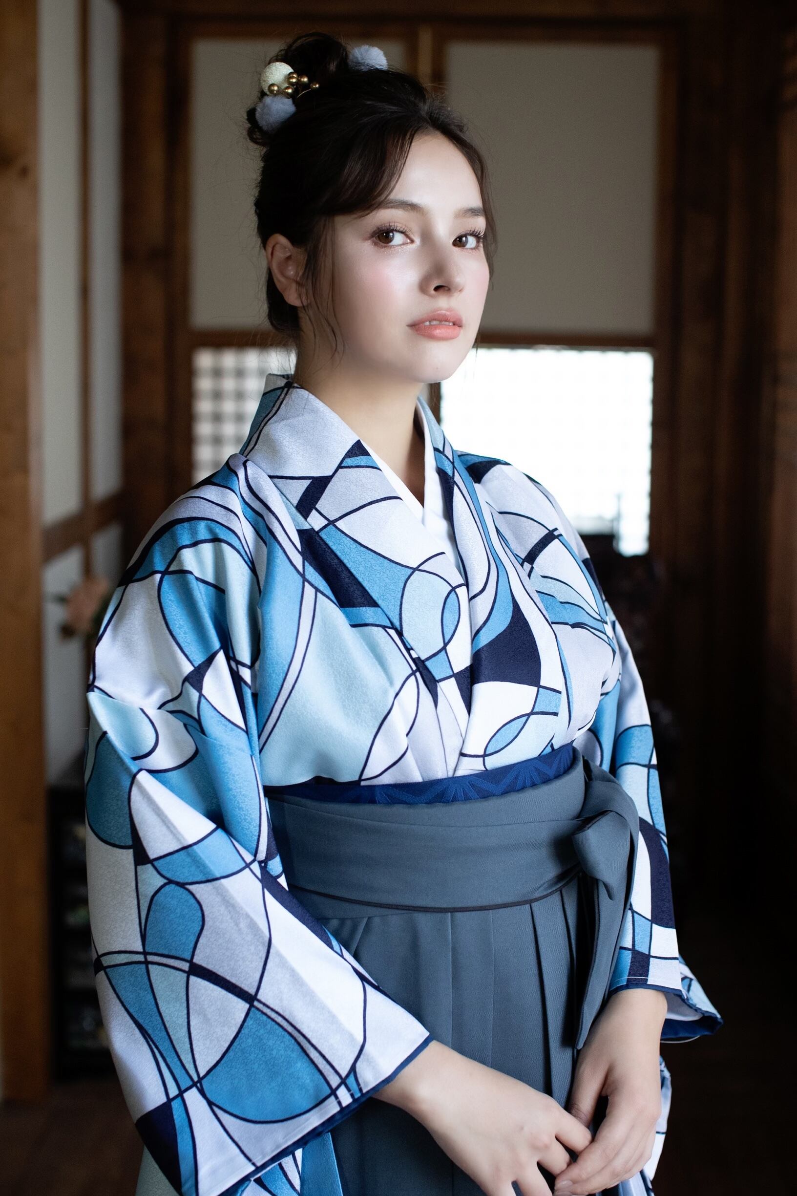 Kimono Sienne 卒業式袴3点セット ジオメトリック ブルー 青系 袴 二尺