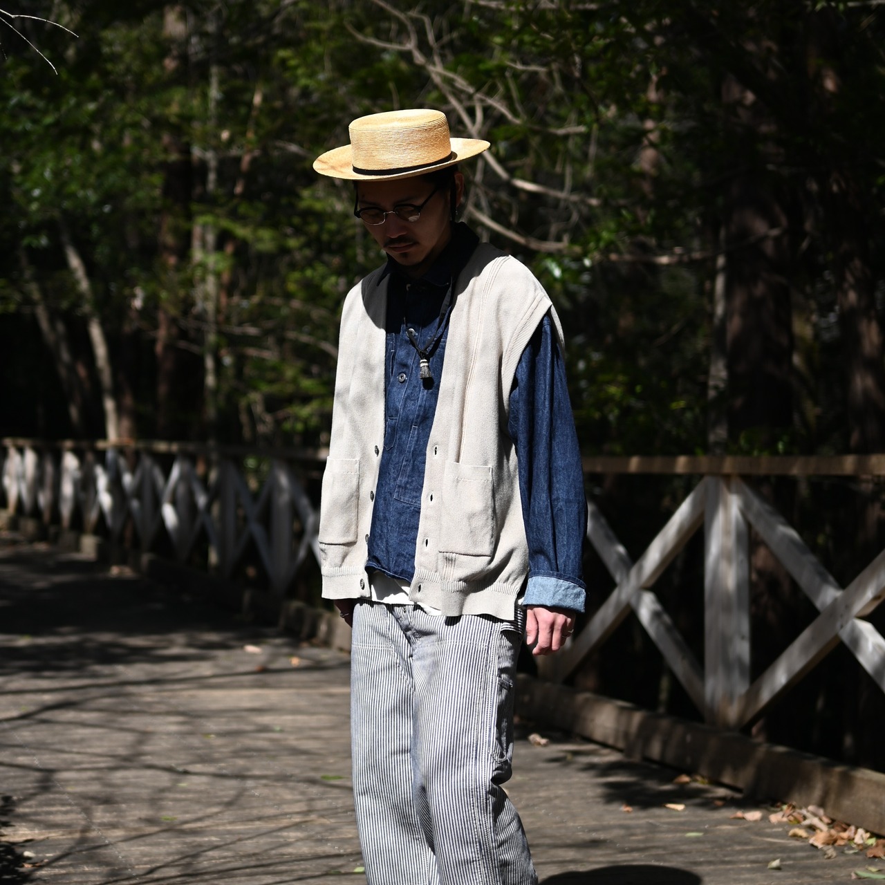 YASHIKI / GANKO別注 ×Shirotsume V-neck Vest メンズコーディネート