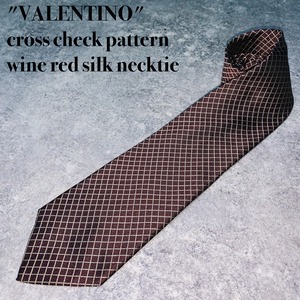 "VALENTINO"cross check pattern wine red silk necktie
