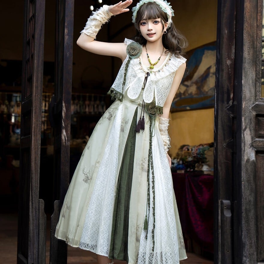 蝶プリントのセージグリーンロリィタ｜ボレロ付きロングドレス