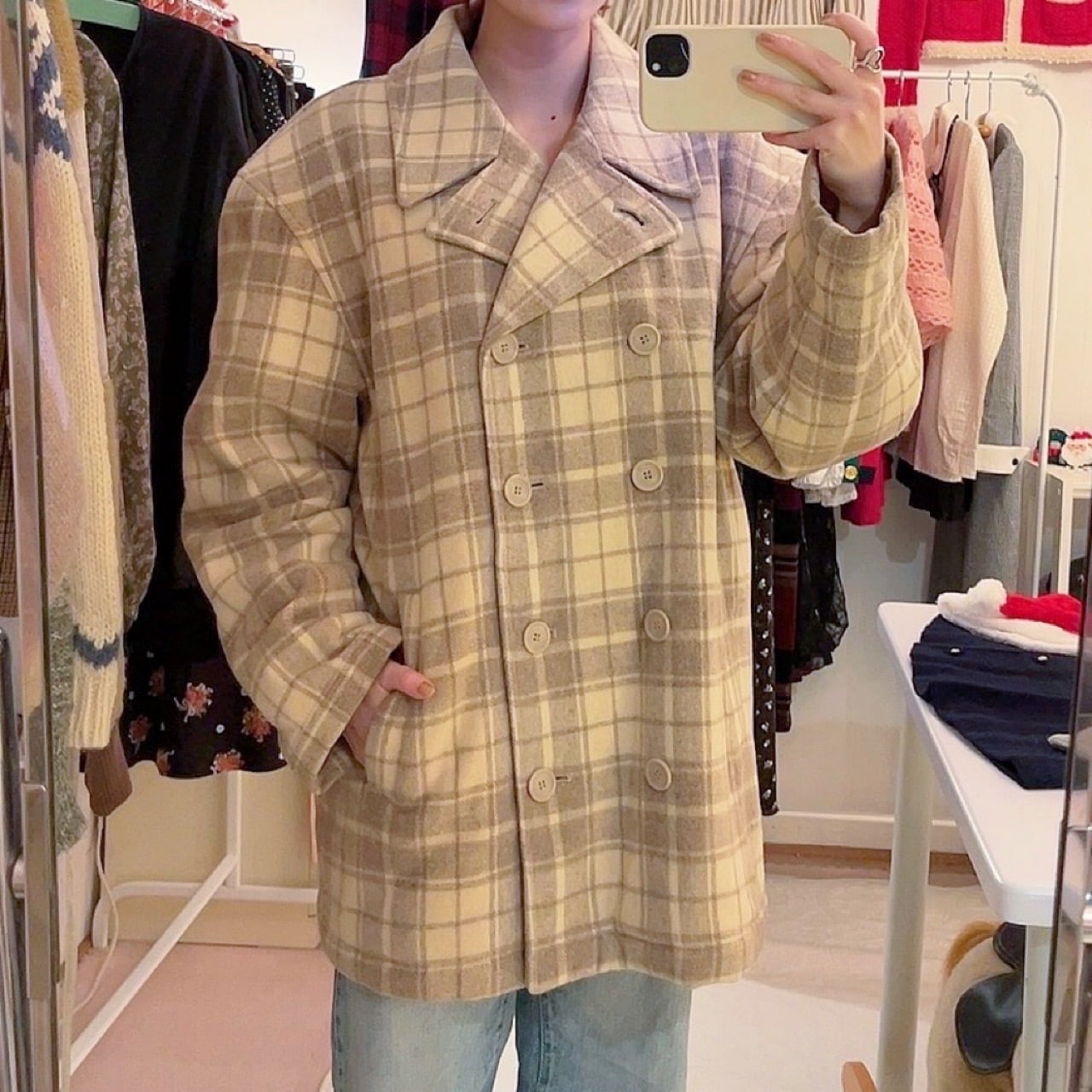 cream check big pea coat