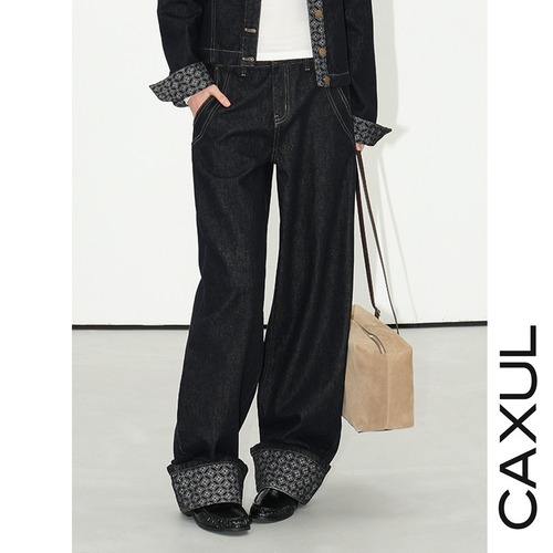 Contrast Cuff Wide Denim Pants