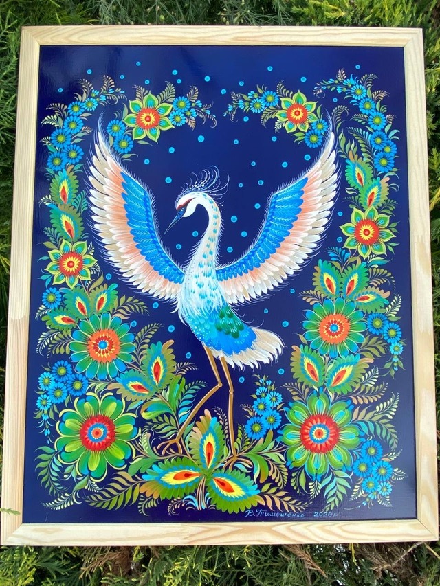 【サギ】ペトリキウカ塗り　壁掛け手描き絵画（ヴィクトリア・ティモシェンコ）