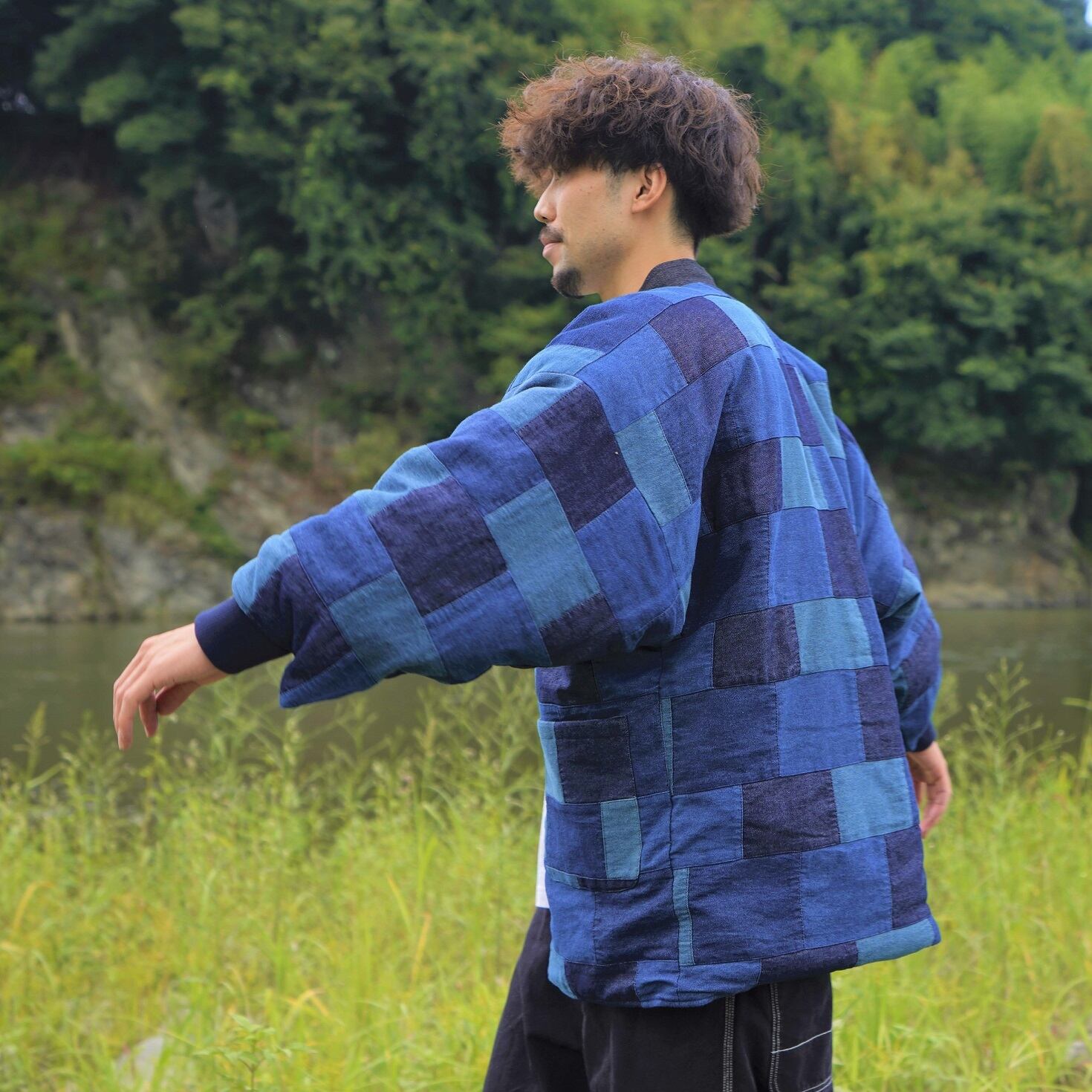 寒風寒波上等デニム半纏（ハンテン）パッチワークNAVY 防風シート