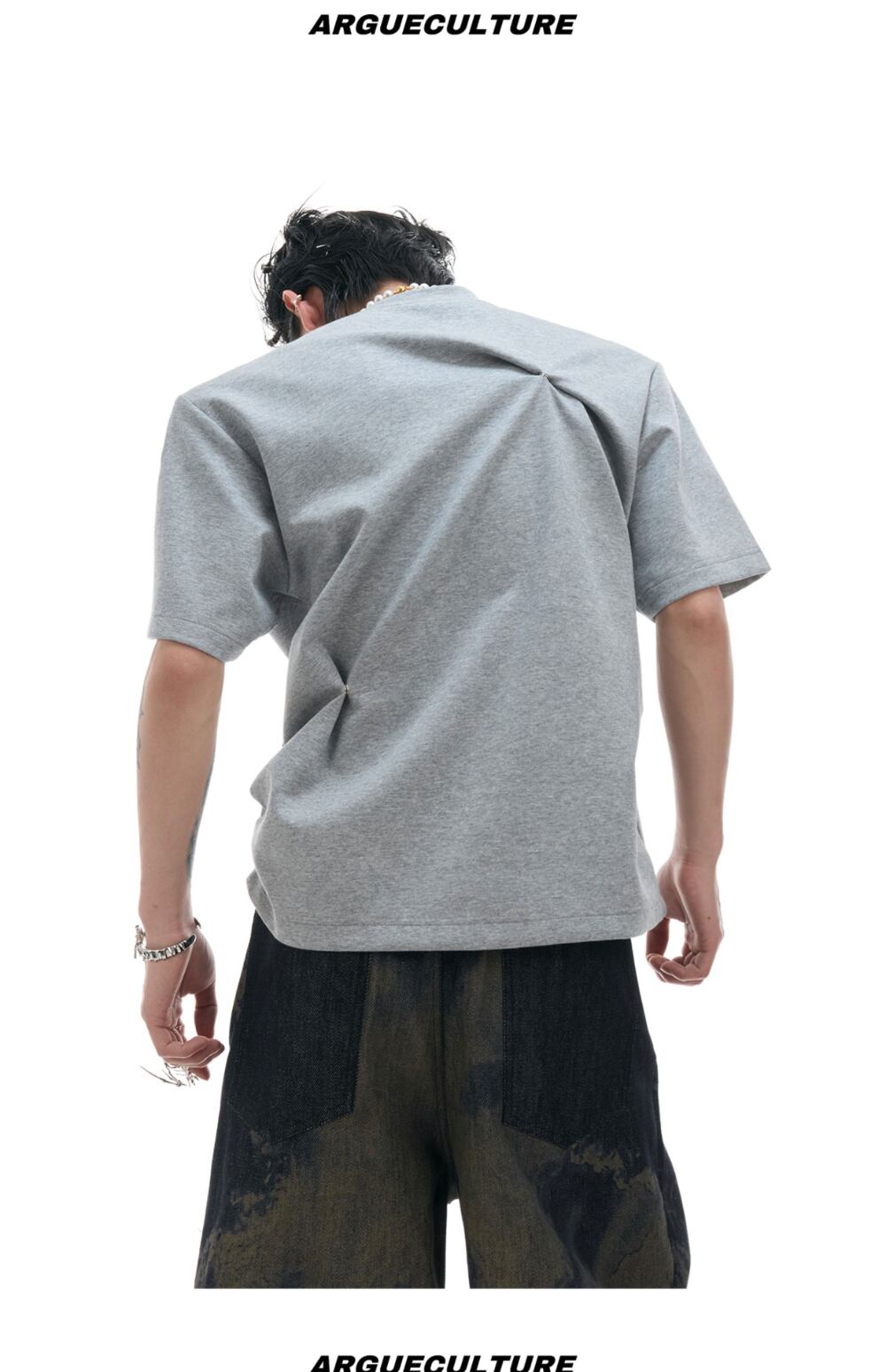 ArguE CulturE フード付き Tシャツ 半袖トップス 切替 男女兼用 Argue Culture ボクシーTシャツ 半袖 ギャザー トップス 無地