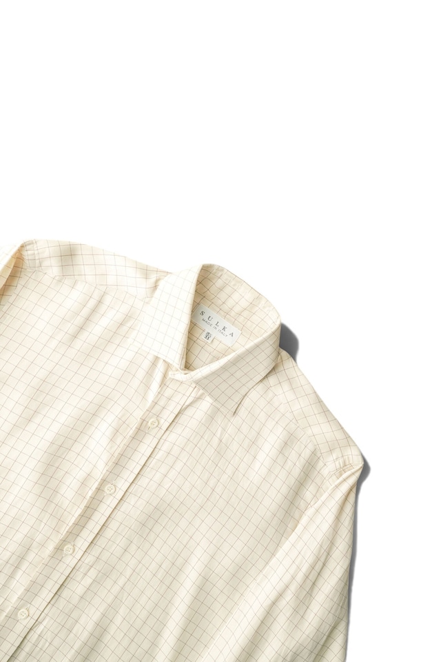 90's "SULKA" Ivory Cotton Herringbone Twill Windowpane Dress Shirt Made in ITALY