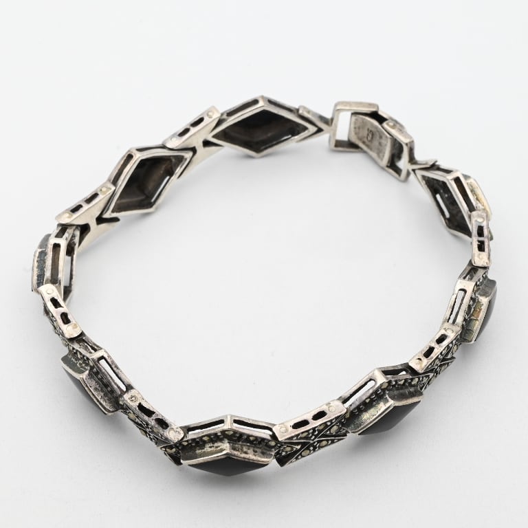 激希少　ヴィンテージ　ブレスレット　925 ブロック　オニキス　アンティーク Black Onyx / Marcasite Accent Panel Link Bracelet / Denmark